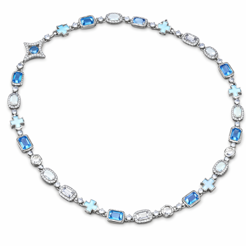 Collier iced out géométrique plaqué or blanc avec pierres cristal bleues pour homme