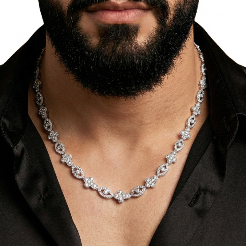 Collier Iced Out Œil Protecteur Plaqué Or Blanc – Cristaux Sertis Homme