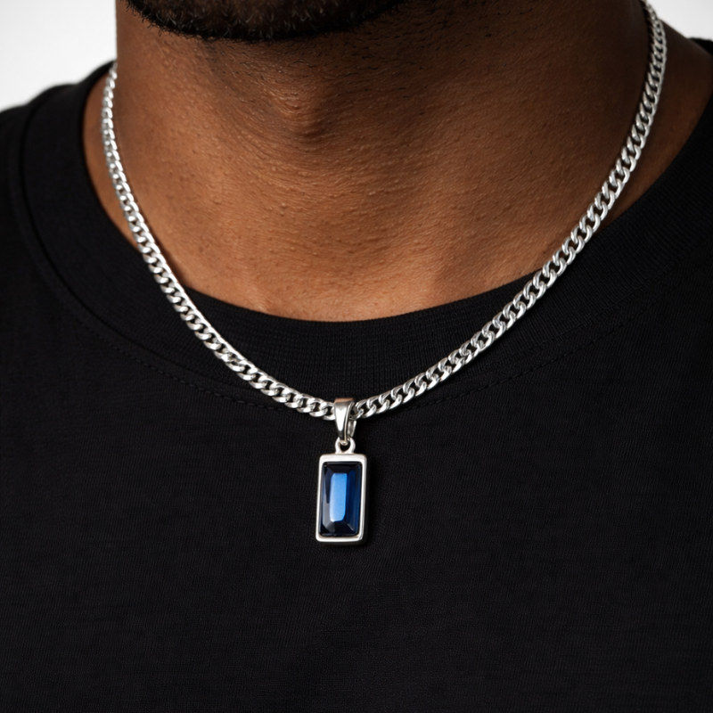 Pendentif "Deep Blue" en Acier Poli et Cristal