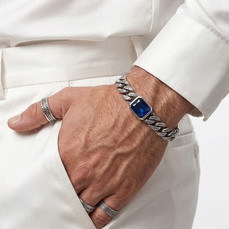 Bracelet Gourmette Royale : Pierre d’Azur Bleue Sculptée