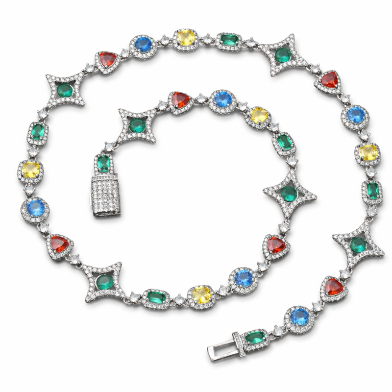 Collier iced out plaqué or blanc avec pierres cristal pour homme