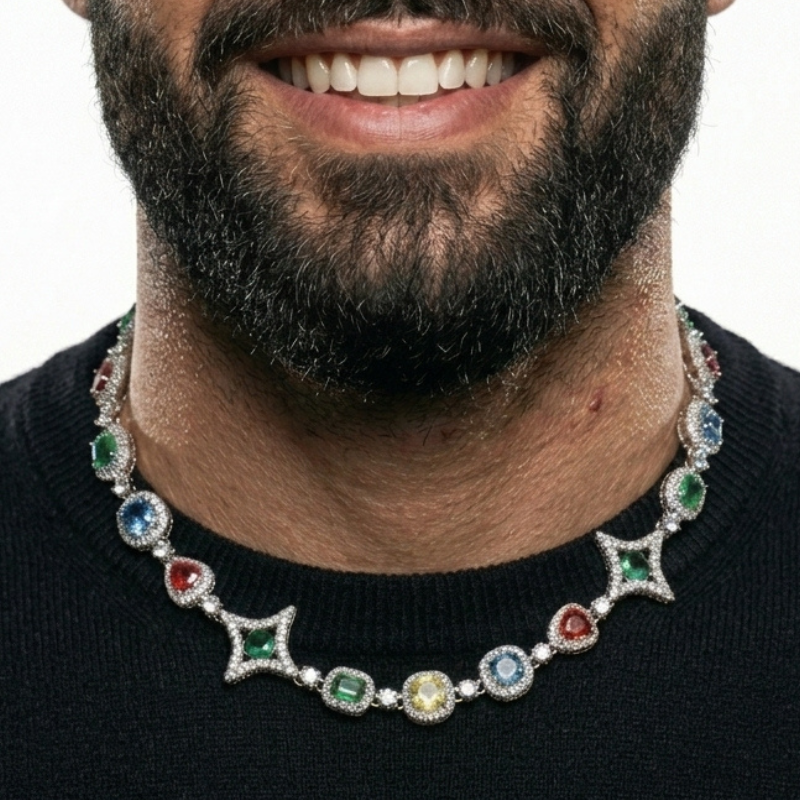 Collier iced out plaqué or blanc avec pierres cristal pour homme