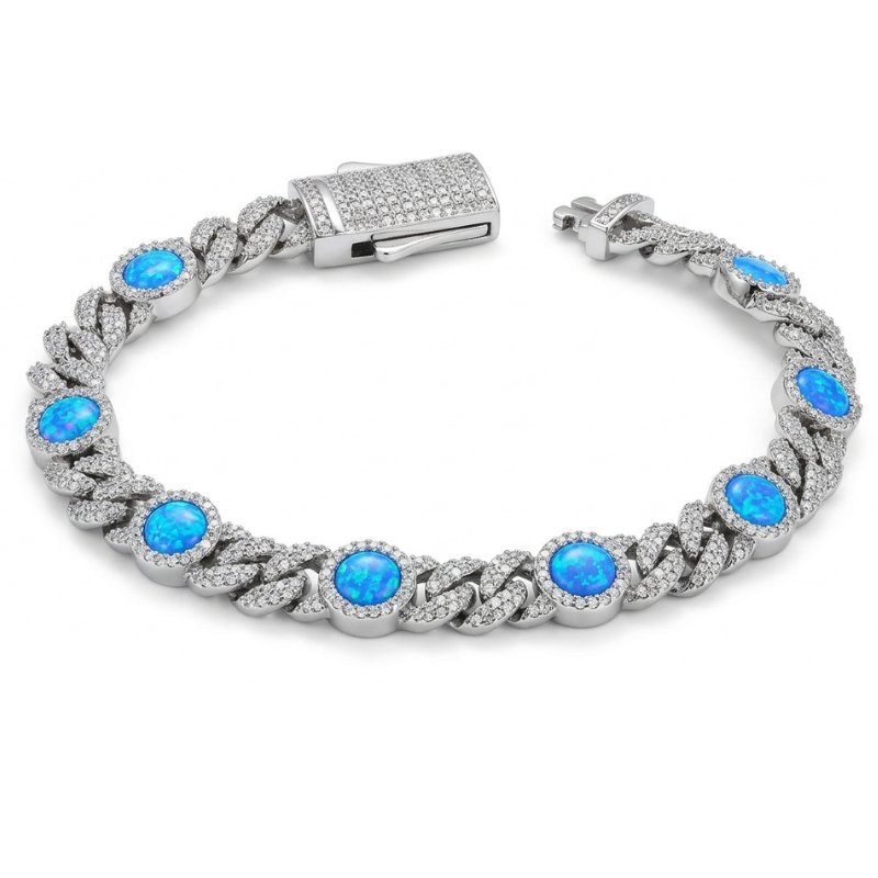 Bracelet Iced Out Cuban Plaqué Or Blanc avec Pierres Bleues