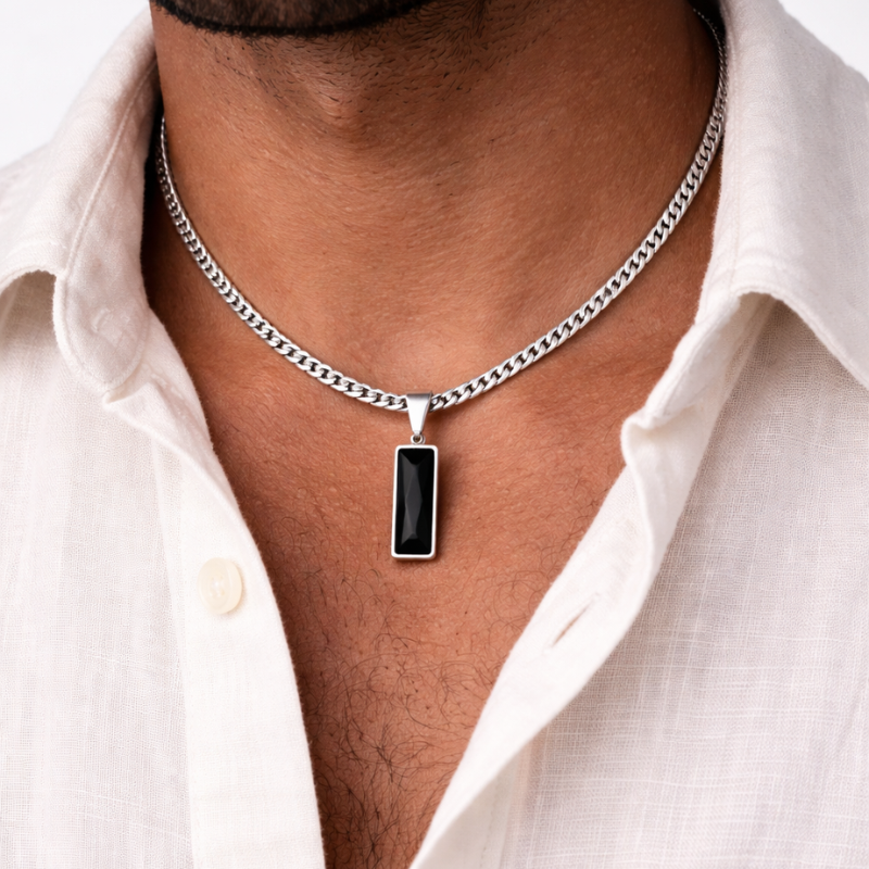 Pendentif "Deep Black" en Acier Poli et Cristal Noir