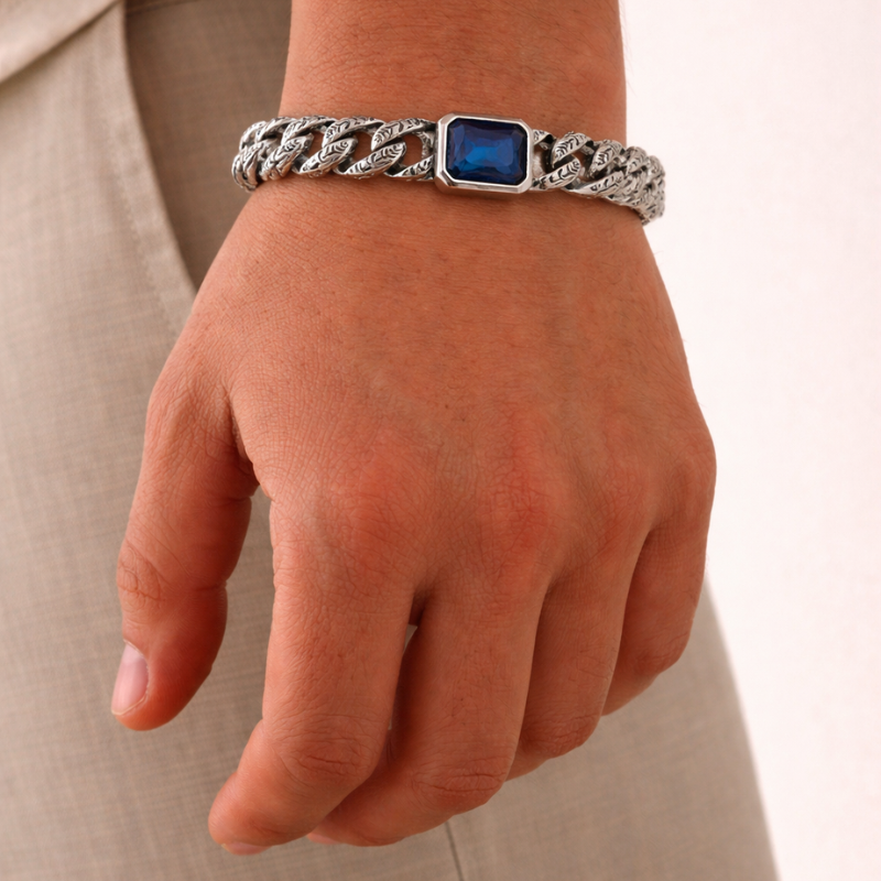 Bracelet Gourmette Royale : Pierre d’Azur Bleue Sculptée