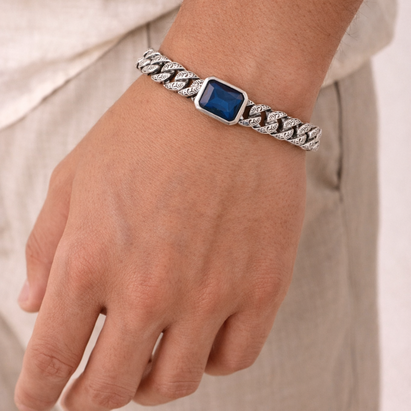 Bracelet Gourmette Royale : Pierre d’Azur Bleue Sculptée