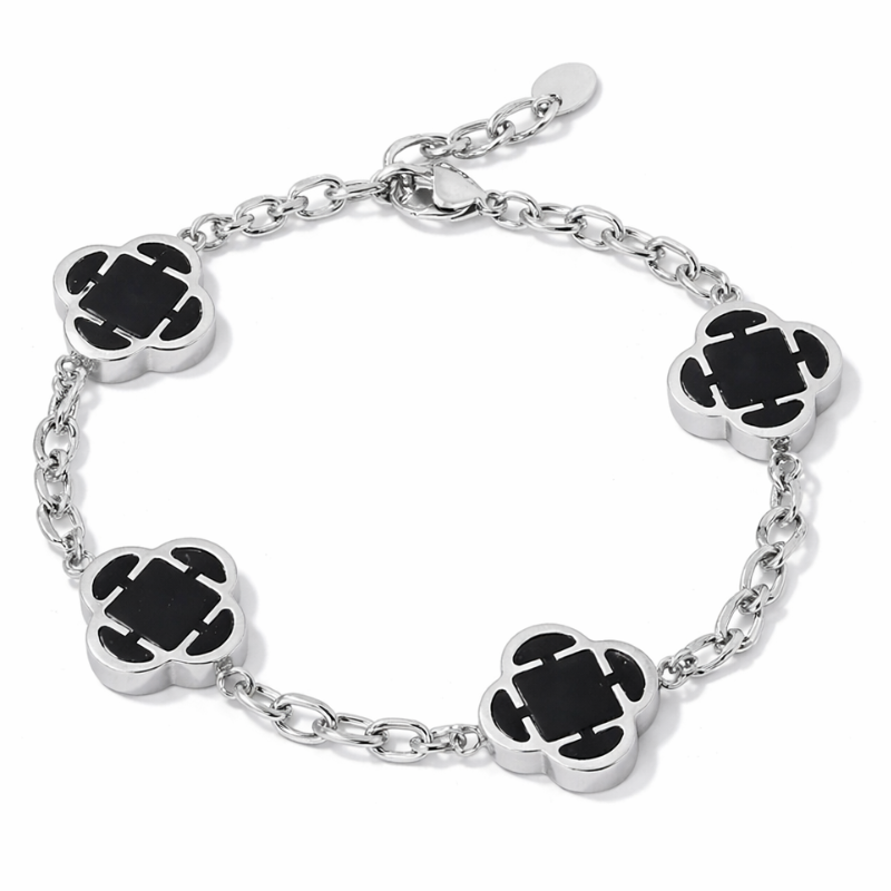 Bracelet Argent Trèfle des Oasis : Noir