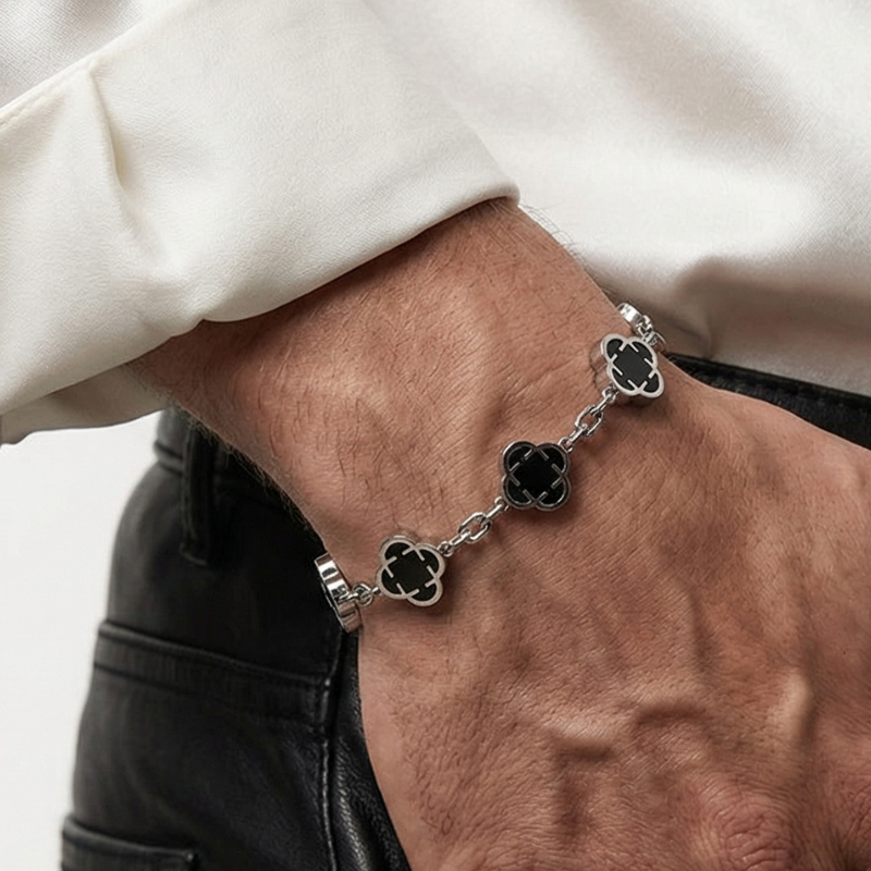 Bracelet Argent Trèfle des Oasis : Noir