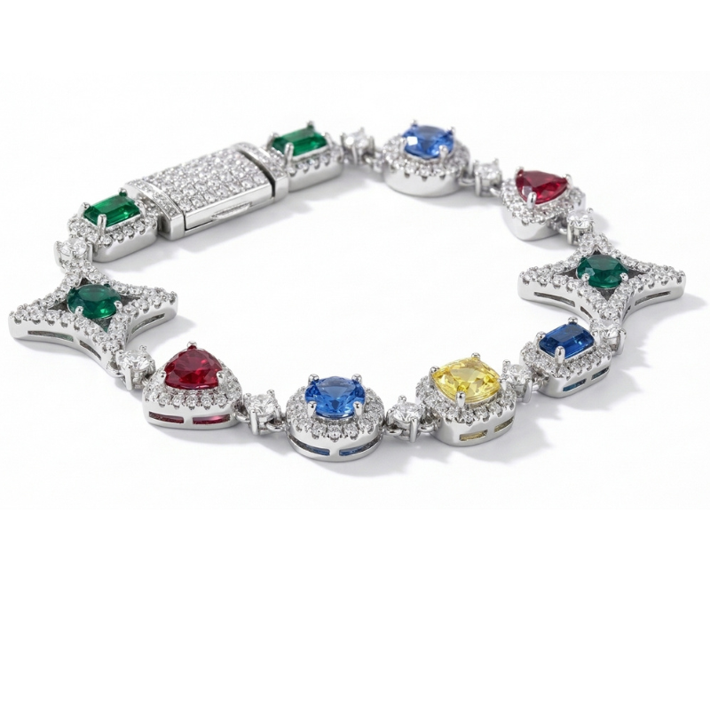 Bracelet Iced Out Homme Étoile Colorée Diamant Bleu Vert Zircon