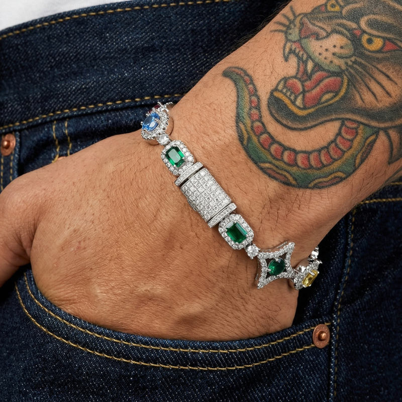 Bracelet Iced Out Homme Étoile Colorée Diamant Bleu Vert Zircon