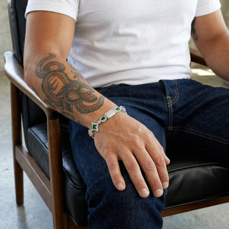 Bracelet Iced Out Homme Étoile Colorée Diamant Bleu Vert Zircon